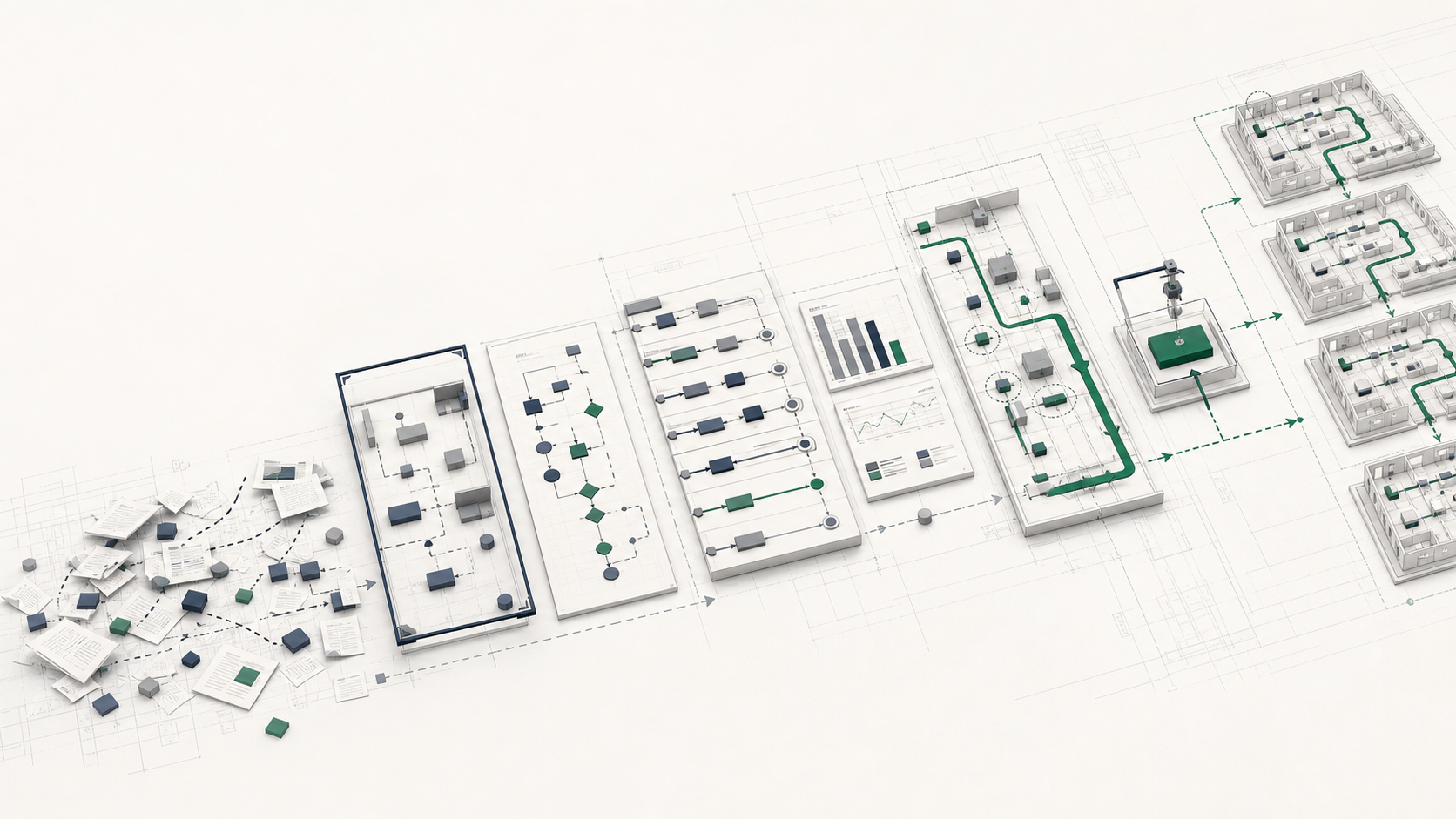 A structured operational methodology progressing from fragmented work through assessment, process mapping, standardization, measurement, improvement, automation, and scalable operating systems.